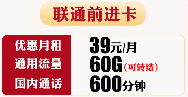 聯(lián)通高性?xún)r(jià)比套餐推薦 39元60G通用流量（可結(jié)轉(zhuǎn)）+600分鐘國(guó)內(nèi)通話 全國(guó)可發(fā)貨