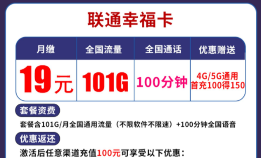 一款流量多月租低的流量卡套餐有沒有？【聯(lián)通幸福卡】月租低至19元101G全國通用流量享超值優(yōu)惠