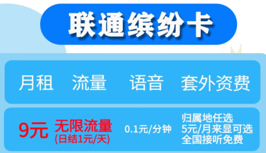 月租不超10元【聯(lián)通繽紛、落櫻卡】月租9元享無(wú)限流量（日結(jié)1元/天）歸屬地任選