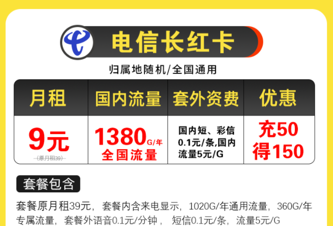 電信超值優(yōu)惠套餐有哪些？電信長紅卡，月租9元包含125G全國流量/月不限速手機上網(wǎng)卡