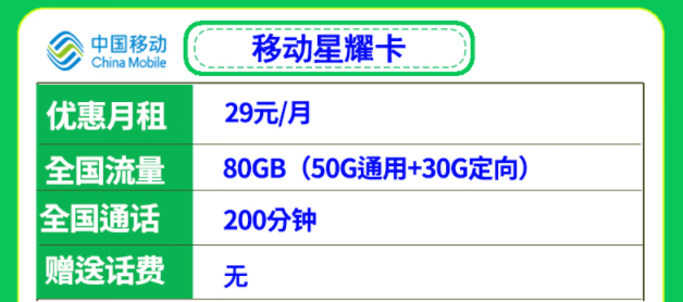 移動(dòng)29元流量卡套餐推薦 移動(dòng)星耀卡、星悅卡29元月租多流量低月租全國(guó)可用