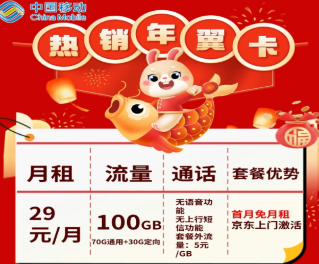 移動(dòng)純流量卡套餐介紹|移動(dòng)年翼卡、年華卡|首月免費(fèi)|100G全國(guó)流量