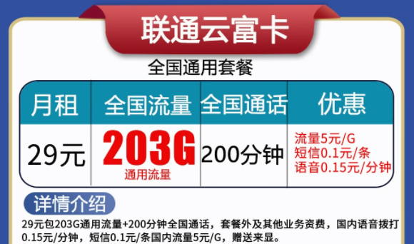 聯(lián)通云富卡29元203G流量+200分語音、天啟卡9元100G流量|純通用流量卡|無合約不虛量