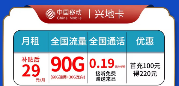 移動(dòng)興地卡|29元90G全國(guó)流量|官方資費(fèi)套餐，超多優(yōu)惠權(quán)益|全國(guó)通用套餐