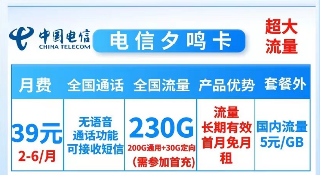 就沒有流量多的電信純流量卡了嗎？當然有！電信夕鳴卡39元230G大流量|19元順和卡165G流量