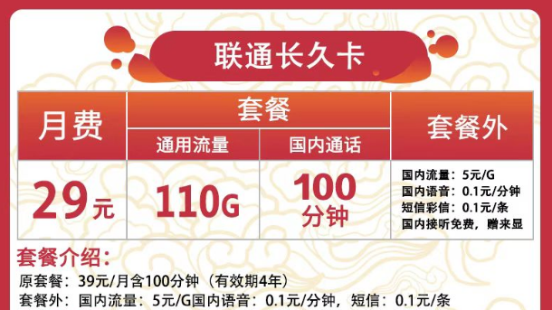 聯(lián)通有哪些實(shí)惠又好用的流量卡？聯(lián)通長(zhǎng)久卡29元110G通用+100分鐘語(yǔ)音|可用于副卡