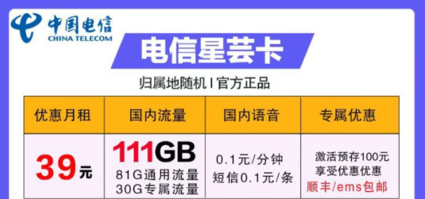 流量卡哪些好用？電信39元卡=電信星蕓卡29元111G流量+首月免費(fèi)+包郵
