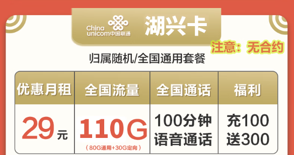 聯(lián)通湖興卡29元110G無合約+聯(lián)通楓槌卡59元302G全通用！
